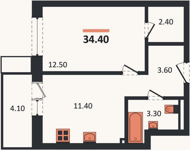 Планировка: 1-к, 34,4 м²