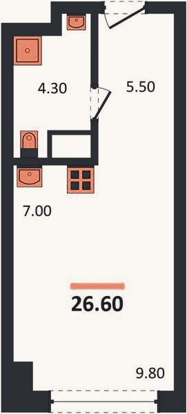 Планировка: Студия, 26,6 м²