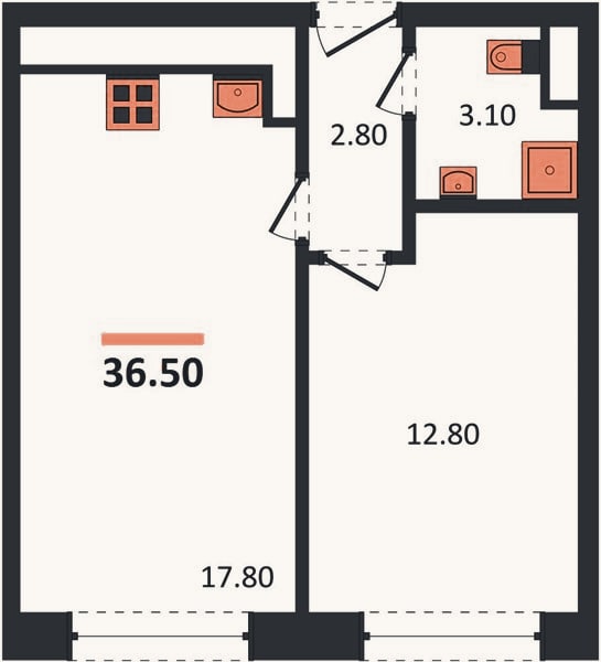 Планировка: 1-к, 36,5 м²