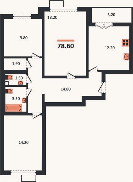 Планировка: 3-к, 78,6 м²