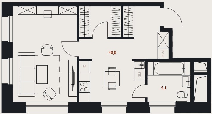 Планировка: Студия, 45,1 м²