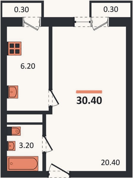 Планировка: 1-к, 30,4 м²