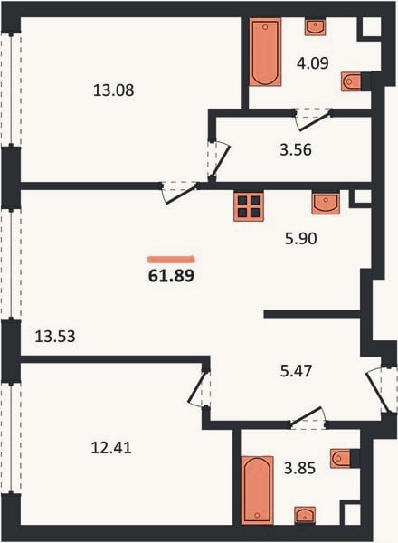 Планировка: 2-к, 61,9 м²