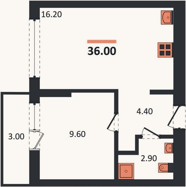 Планировка: 1-к, 36 м²