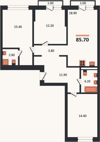 Планировка: 3-к, 85,7 м²