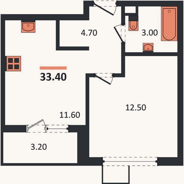 Планировка: 1-к, 33,4 м²
