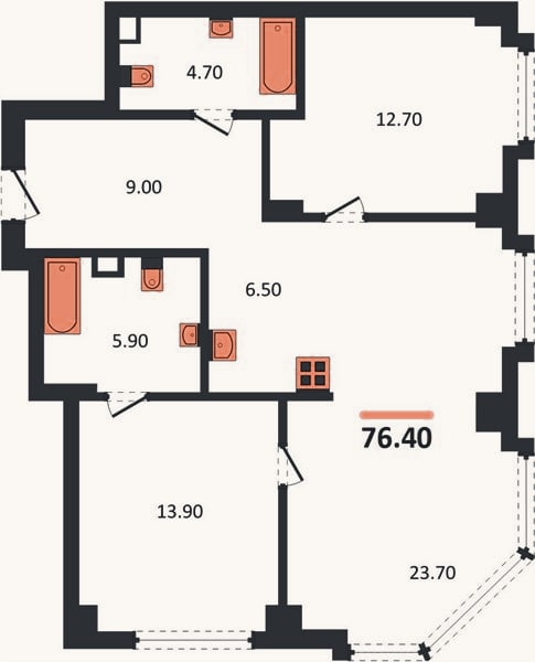 Планировка: 2-к, 76,4 м²