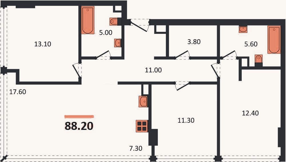 Планировка: 3-к, 88,2 м²