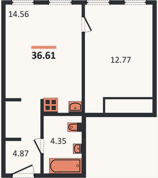 Планировка: 1-к, 36,6 м²