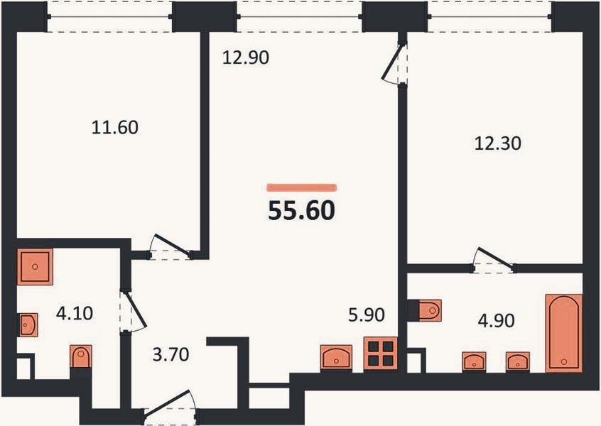 Планировка: 2-к, 55,6 м²