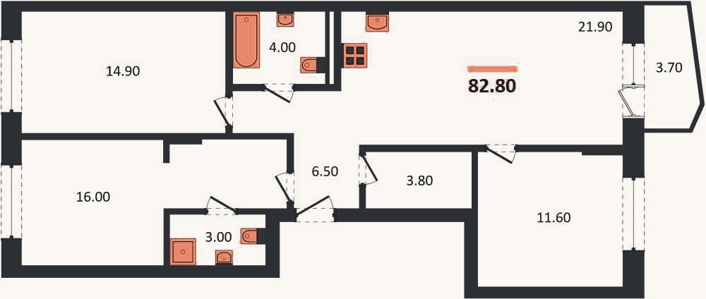 Планировка: 3-к, 82,8 м²