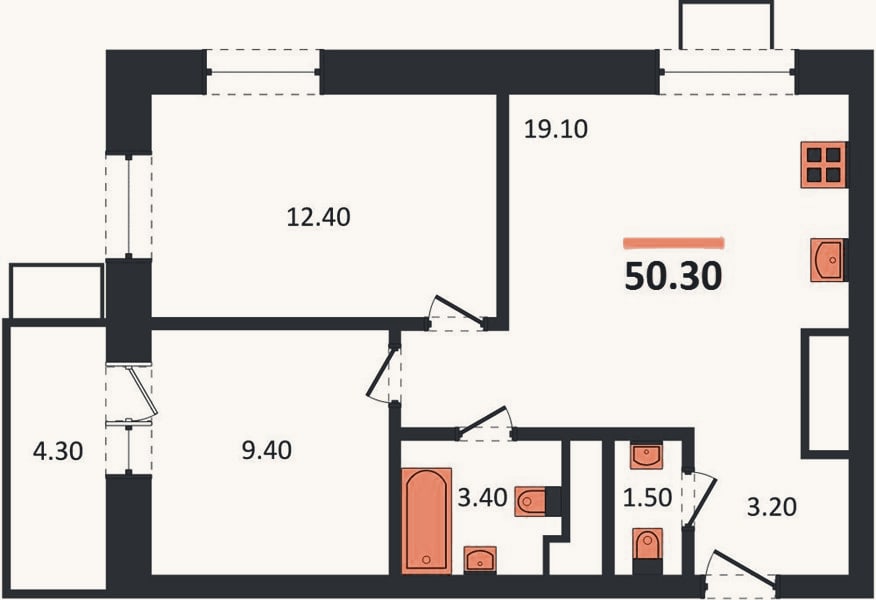 Планировка: 2-к, 50,3 м²