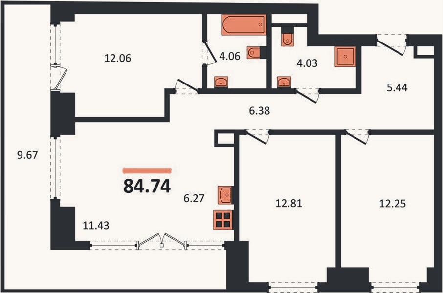 Планировка: 3-к, 84,7 м²