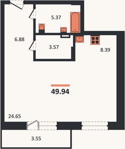 Планировка: Студия, 48,9 м²