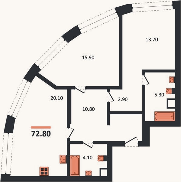 Планировка: 2-к, 72,8 м²