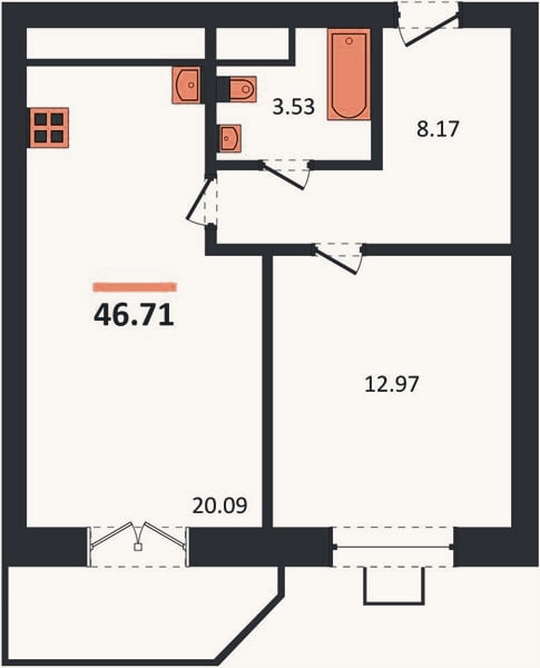 Планировка: 1-к, 46,7 м²