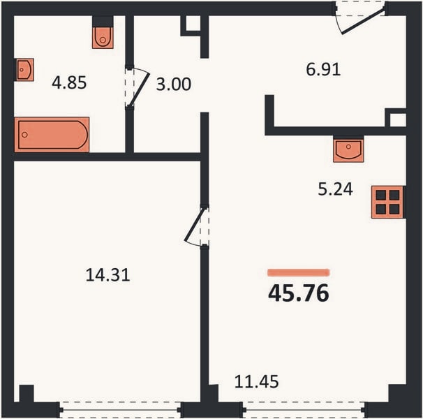 Планировка: 1-к, 45,8 м²