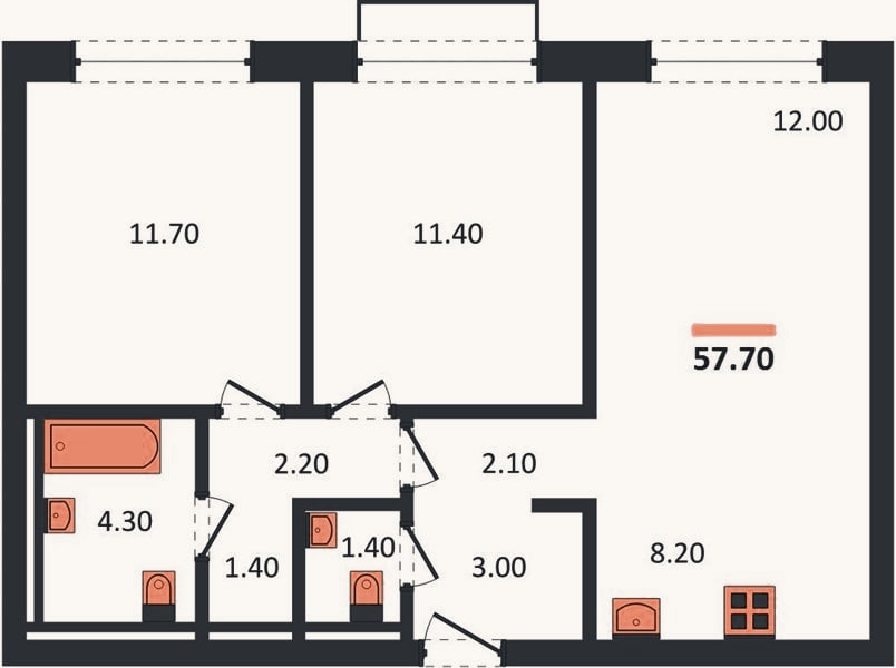 Планировка: 2-к, 57,7 м²