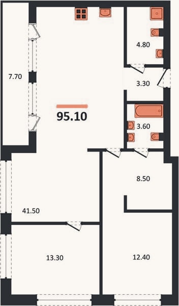 Планировка: 2-к, 95,1 м²