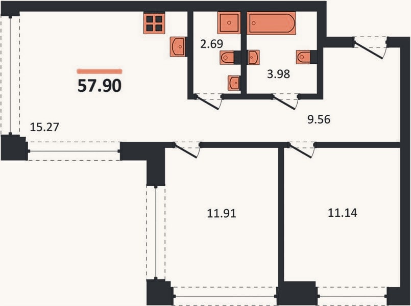 Планировка: 2-к, 57,9 м²