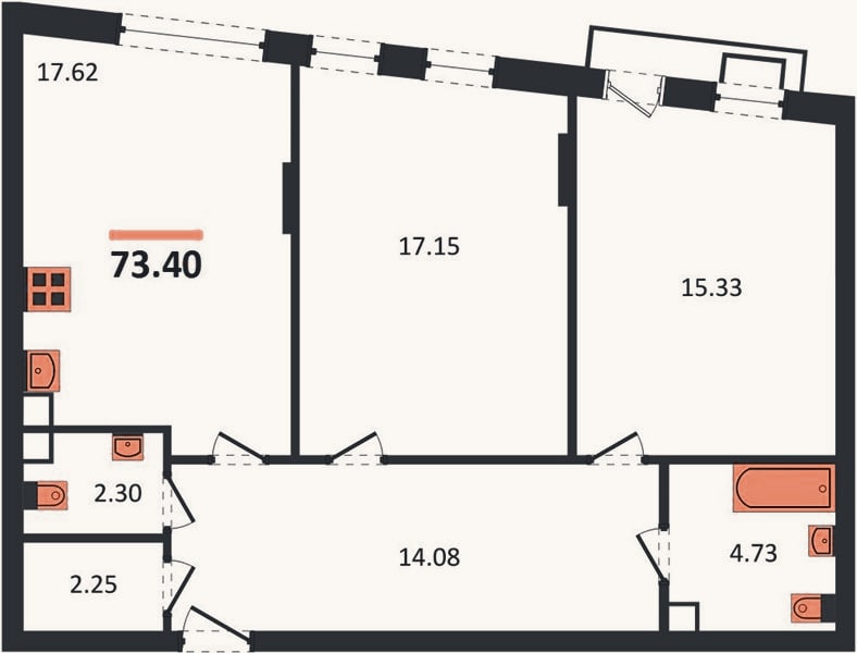 Планировка: 2-к, 73,4 м²