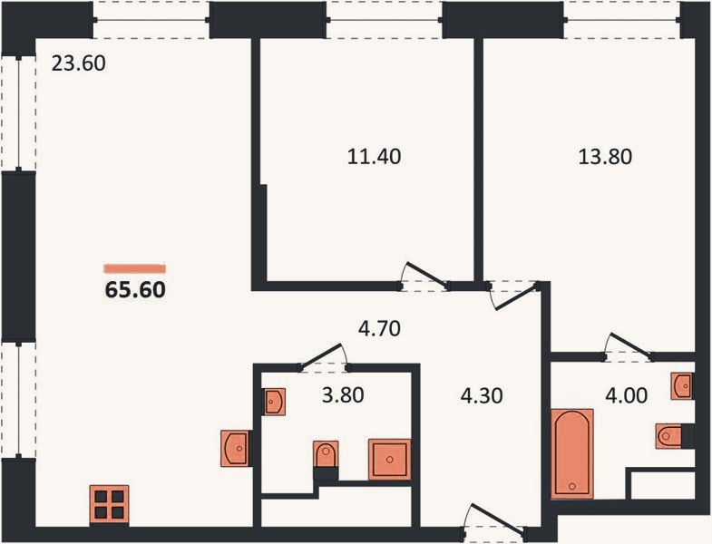 Планировка: 2-к, 65,6 м²