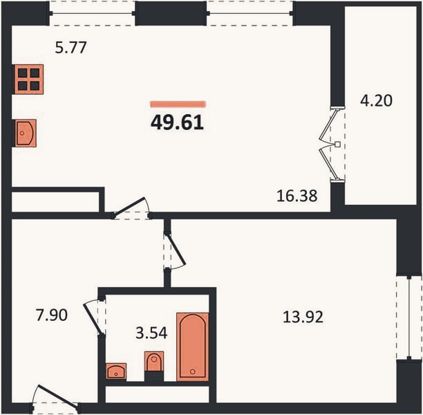 Планировка: 1-к, 49,5 м²