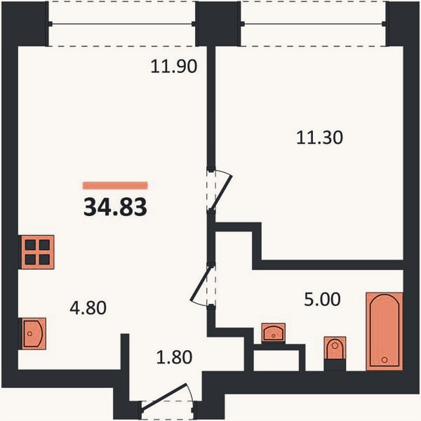 Планировка: 1-к, 34,8 м²