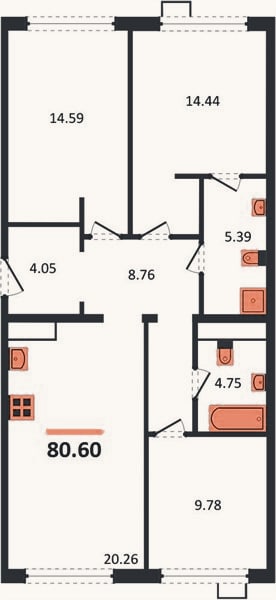 Планировка: 3-к, 80,6 м²