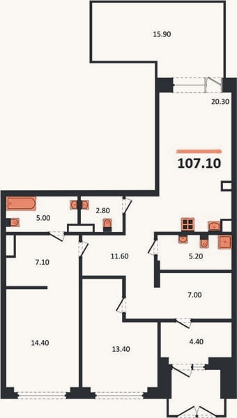 Планировка: 2-к, 107,1 м²