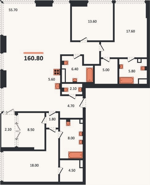 Планировка: 4+ к, 160,8 м²