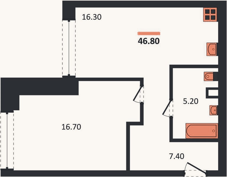 Планировка: 1-к, 46,8 м²