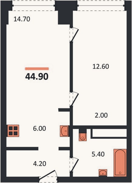 Планировка: 1-к, 44,9 м²