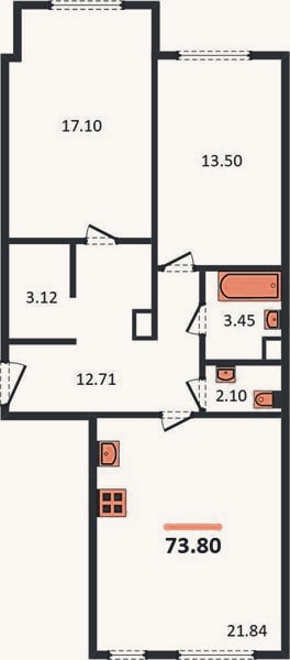 Планировка: 2-к, 73,8 м²