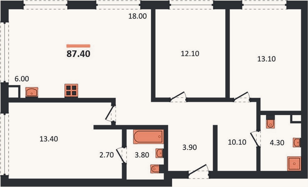 Планировка: 3-к, 87,4 м²
