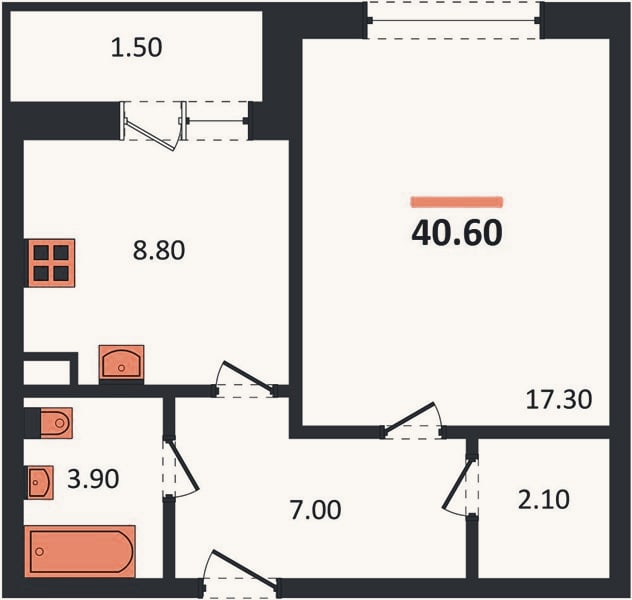 Планировка: 1-к, 40,6 м²