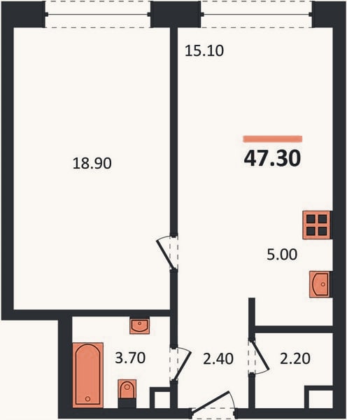 Планировка: 1-к, 47,3 м²