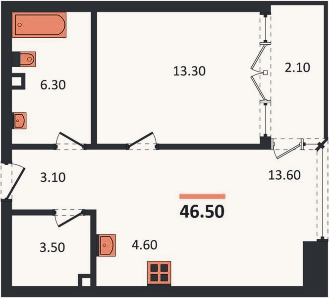 Планировка: 1-к, 46,5 м²