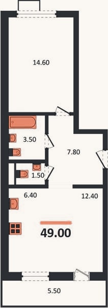 Планировка: 1-к, 49 м²