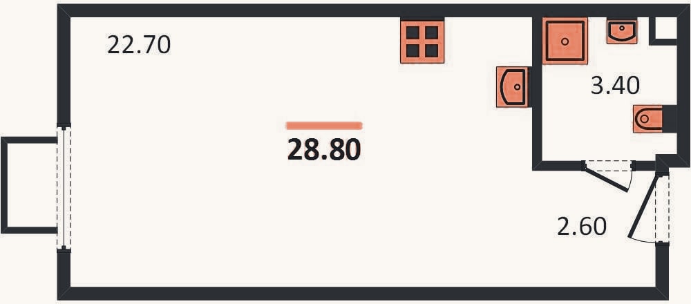 Планировка: Студия, 28,8 м²