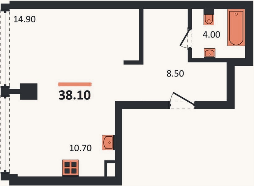 Планировка: Студия, 38,1 м²
