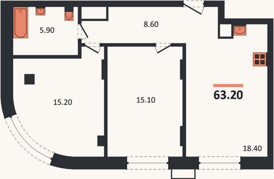 Планировка: 2-к, 63,2 м²