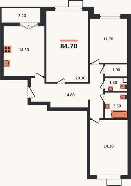 Планировка: 3-к, 83,7 м²