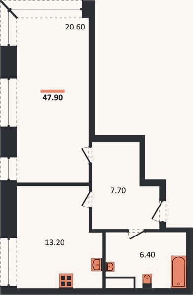 Планировка: 1-к, 47,9 м²
