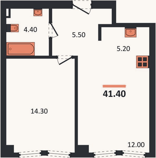 Планировка: 1-к, 41,4 м²