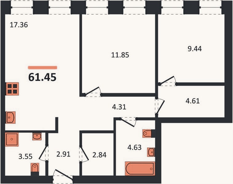 Планировка: 2-к, 61,4 м²
