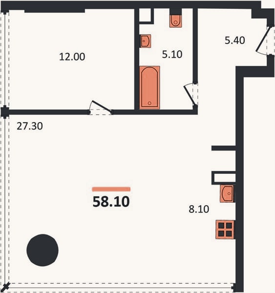 Планировка: 1-к, 58,1 м²