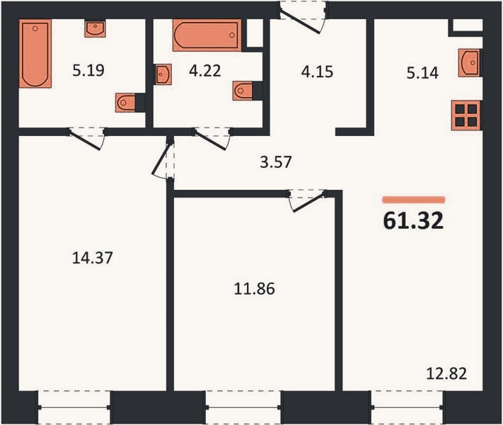 Планировка: 2-к, 61,3 м²