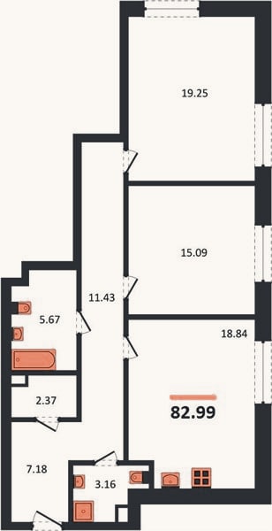 Планировка: 2-к, 83 м²