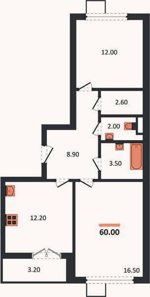 Планировка: 2-к, 60 м²